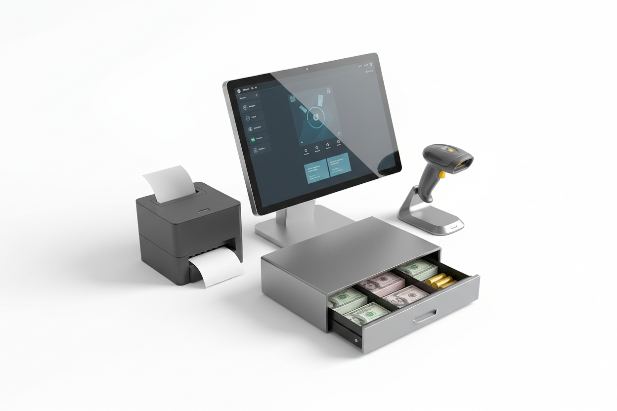 a beautiful computer accessories for a POS system, POS computer, barcode scanner, printer and cashdrawer